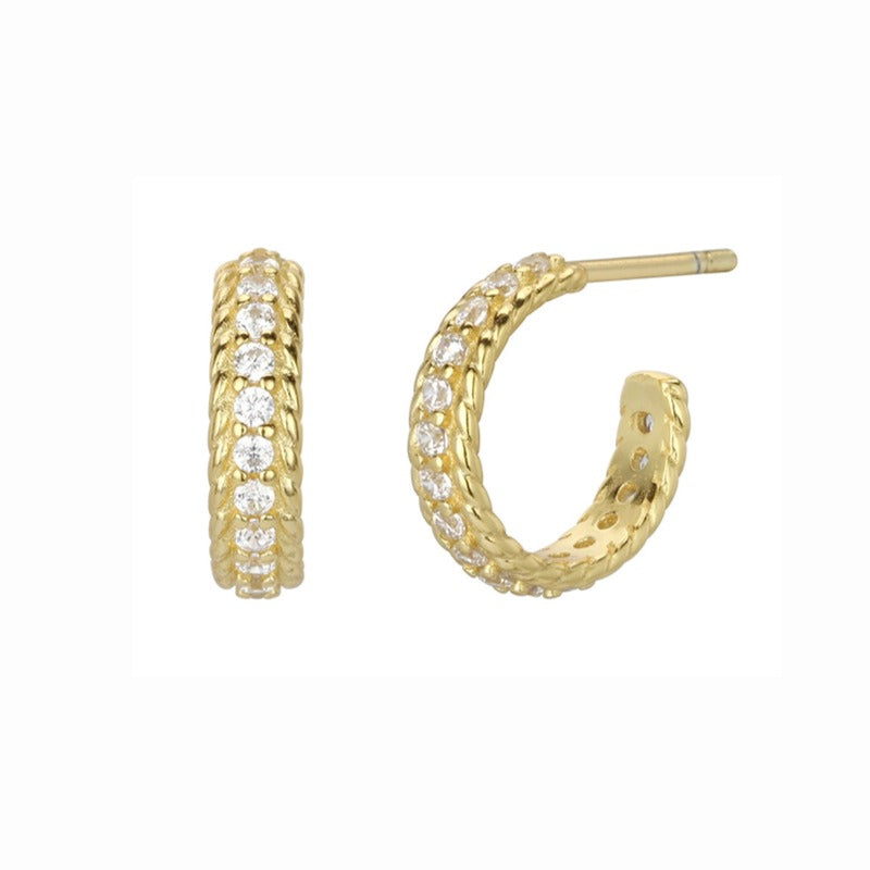 Gold Textured Hoop Earrings with Zirconia