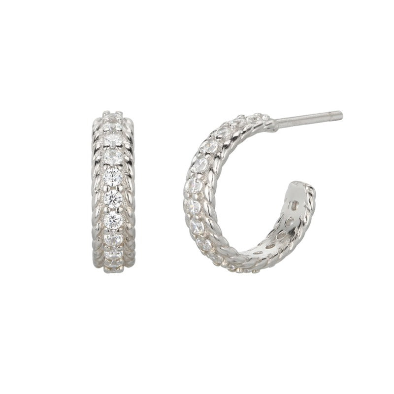 Silver Textured Hoop Earrings with Zirconia