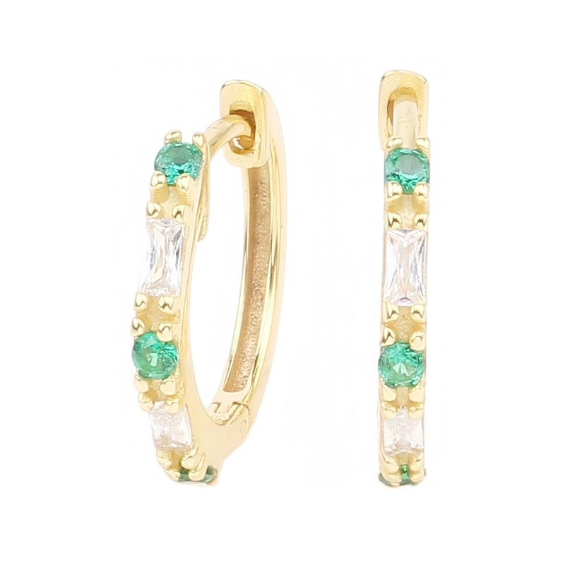 Gold Hoop Earrings with Green and Clear Zirconia