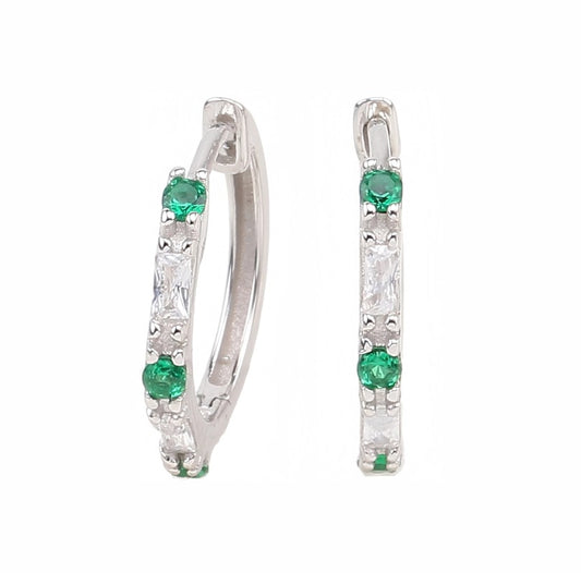 Silver Hoop Earrings with Green and Clear Zirconia