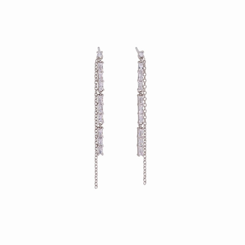 Silver Chain Drop Earrings with Baguette-Cut Zirconia