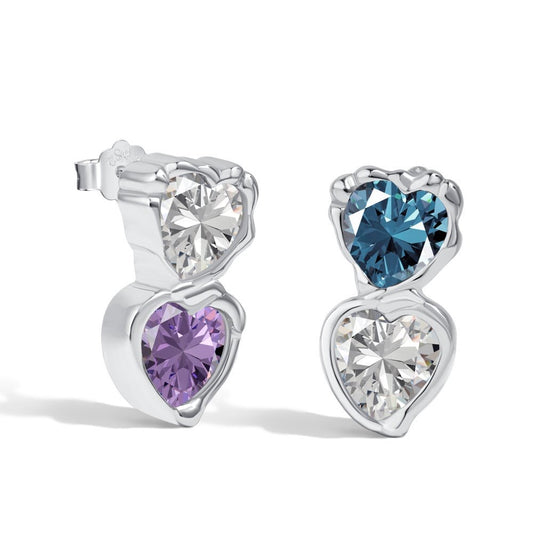 Silver Double Heart Stud Earrings with Multicolor Zirconia