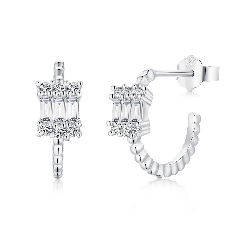 Silver Beaded Hoop Earrings with Baguette and Round-Cut Zirconia