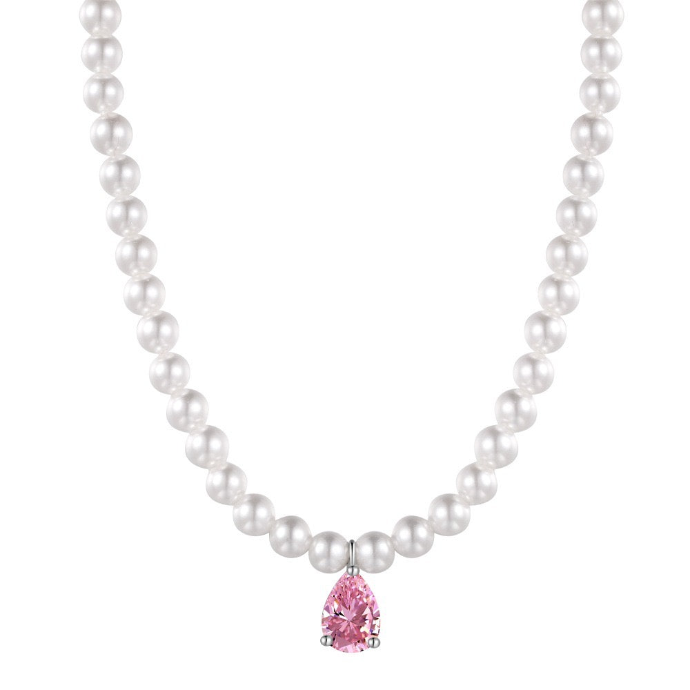 Pearl and Pink Teardrop Zirconia Necklace